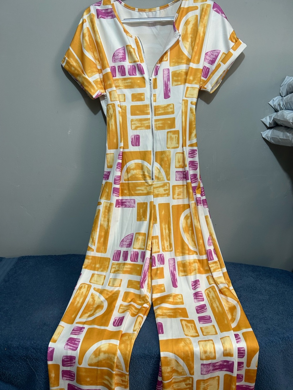 Short-Sleeve One-Piece Jumpsuit in Yellow & Pink